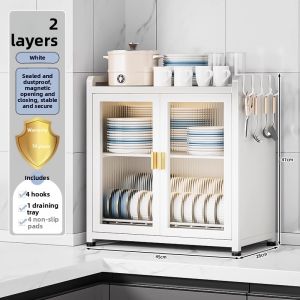BW | Kitchen Storage Rack Dish Cabinet Home Use with Door Draining Bowl Plate Utensil Multi-Function Bowl Dish Storage Box