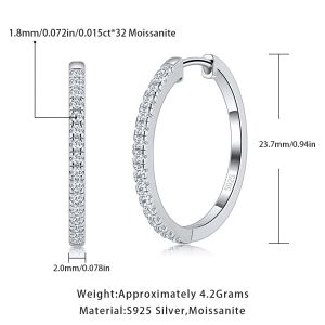 Pretty Beauty 23mm Moissanite Hoop Earrings S925 Sterling Silver for Women Wedding Party White Gold Plated Fine Jewelry Gifts