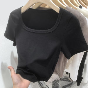 Áo Thun Nữ Cổ Vuông Hở Xương Quai Xanh Cạp Cao Ôm Sát Mùa Hè Tay Ngắn Dáng Chữ a Màu Trơn Phong Cách Đường Phố