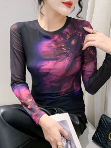 Áo Sơ Mi Lưới Dài Tay In Hình Thời Trang Cho Nữ Phong Cách Mùa Xuân Mới Trẻ Trung Dạo Phố Áo Thun Cổ Tròn