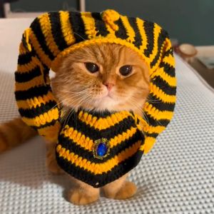 Funny Knitted Cat Hat Ancient Egyptian Style Pet Costume Halloween Dog Clothes Set Cute Animal Headwear Universal Size Pet Accessories