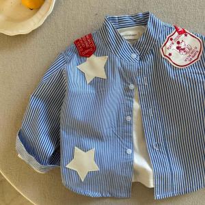 Childrens Long Sleeve Shirt Pure Cotton Striped Star Baby Cartoon Top Boys Girls Spring Autumn New Style Casual Cotton Shirt