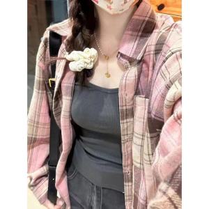 Dopamine French Sweet Pink Black Plaid Loose Long Sleeve Womens Base Shirt Versatile Casual Style Cotton Polo Collar Shirt