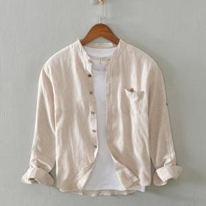 เสื้อเชิ้ตลินินแขนยาวผู้ชายสไตล์ญี่ปุ่นย้อนยุคหลวมๆ คอตั้ง ผ้าฝ้ายลินิน เสื้อเชิ้ตบางฤดูร้อน ทรงหลวมๆ ลายทาง