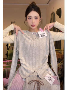 American Retro Stylish Waist-Tight V Neck Knitting Bottoming Shirt Womens Sweet Style Furcal Lower Hem Pit Stripes Long Sleeves T-shirt