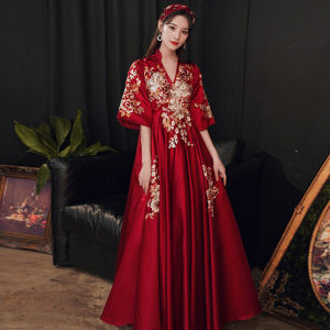 ชุดแต่งงานสไตล์จีนใหม่ 2025 สำหรับผู้หญิงที่มีครรภ์ สีแดง ไซส์ใหญ่ คลุมหน้าท้อง ชุดกินข้าวเจ้าสาว ชุดราตรีสุดหรู