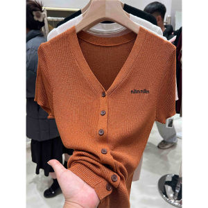 Shiny Thread Short Sleeve Womens V-neck Summer New Ice Silk Knitted T-shirt Caramel Color Glowing White Top Fashionable Commute Style Slim Fit
