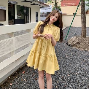Pink Bubble Sleeve Dress Womens Polo Collar Loose A-Line Skirt Summer New Style High Waist Short Sleeve Midi Dress Korean Version