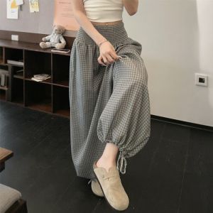AOSSVIAO | Korean Style Pink Plaid Women Wide Leg Pants 2026 Autumn High Waist Loose Figure Flattering Icy Silk Harem Lantern Trousers