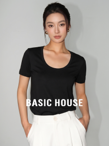 Basic House | Black Silk Blend U-Neck Short Sleeve Breathable Summer Womens T-Shirt