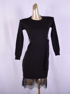 Slim Fit Knitted Dress with Waist Cinching round Neck Long Sleeve Mesh Splicing Mid-Length Dress Pure Color Commute Style Spring Autumn