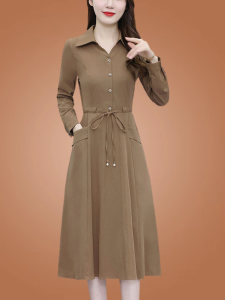 Elegant Slimming Long Sleeve Shirt Dress with Pockets for Women Spring Autumn Commute Style V Neck Other Materials