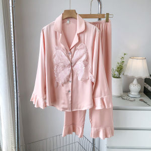 2024 Ice Silk Satin Pajamas for Women Spring & Fall Summer Long-Sleeve Pink Exquisite Fancy Butterfly Can Be Outerwear Homewear