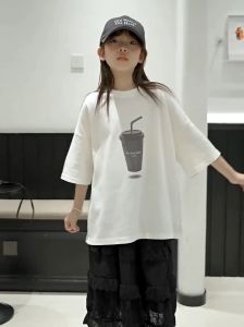 Cartoon Water Cup Fun Printed Boys and Girls Short Sleeved T-shirt Summer Childrens Baby Round Neck Top