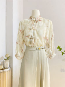 New Chinese Style Pearl Buttoned Stand Collar Shirt Women Summer Design Sensation Seven Sleeve Floral Chiffon Top National Style Small Shirt Upper Body