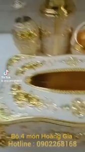 Bộ 4 món Hoàng Gia hộp trà lọ tăm khay đựng giấy gạt tàn chất liệu hợp kim màu vàng hoa văn tinh tế sang trọng