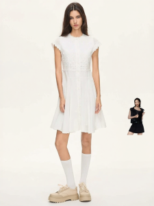 S·DEER | Đầm Ngắn Tay Vintage Thêu Họa Tiết Không Đều Cotton