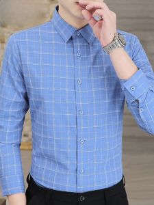 HENGYUANXIANG | Spring Autumn Plaid Long Sleeve Shirt Mens Business Casual Formal Shirt Trendy And Stylish Standard Fit Polyester Blend Shirt