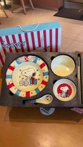 Snoopy | Cartoon Anime Snoopy Ceramic Tableware Set Kawaii Fruit Plate Rice Bowl Seasoning Dish Table Spoon Chopstick Child Birthday Gift