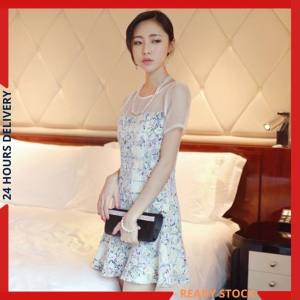 CFBOUTIQUE Korean Style Women Fashion Embroidered Lace Organza Panel Fluted Hem Ladies Summer Dress