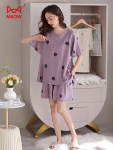 MiiOW Womens Summer Sleepwear Set Ice Silk Chest Pad Short Sleeve Short Pants Home Clothes Modal Cotton round Neck Print