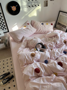 Girls Cotton Dyeing Washed Towel Embroidery Bedding Set Foldable Full Cotton Four-piece Quilt Cover Student Three-piece Set