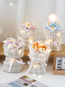 BHQ Hand-woven Crochet Cute Puff Flower Bouquet with LED Light Perfect Gift for Weddings Valentines Day