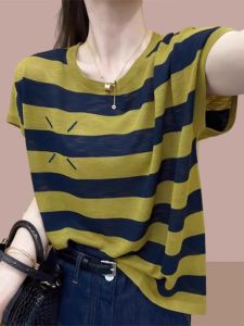 2025 Summer New Korean Style Loose Slimming round Neck Striped Knitwear Short Sleeve Womens T-shirt Trendy Top Commute Style