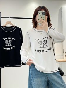 เสื้อยืดคอกลมแขนยาวลายตัวอักษรการ์ตูนสไตล์ย้อนยุคสไตล์อเมริกันสำหรับผู้หญิง ทรงหลวม ทรงเข้ารูป ไซส์ใหญ่ เสื้อชั้นในฤดูใบไม้ร่วง