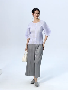KESHANGYII Light Blue Stripe Pleated Short-Sleeve Cardigan Round Neck Button Crop Top Soft Fabric Casual Daily Wear Trendy Chic Ensemble