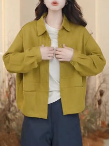 Elegant Yellow JacketWomens 2025 Autumn New SolidColorPolo Collar BreathableFashionable TopComfortable Long Sleeve Shirt