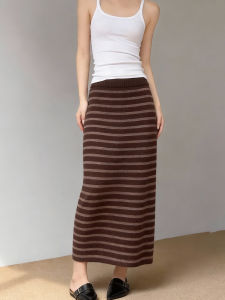 MANMI | Vintage Stripe Knitted Skinny Half Skirt Brown