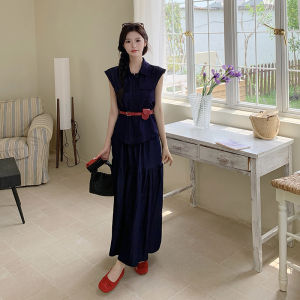 YINLUOYA | ชุดเดนิมสไตล์เกาหลีฤดูร้อน ชุดทำงาน ชุดกระโปรงครึ่งตัว ชุดสองชิ้น คอโปโล ผ้าฝ้ายผสมโพลีเอสเตอร์ ปิดด้วยกระดุม