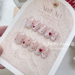 Moonlight Girl Handmade Short Wearable Nail Art Cat Eye Gradient White Polka Dot Heart Design Detachable Nail Tips