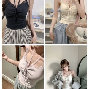2024 New Womens Lace Crop Top Strap Vest Slim Fit Inner Wear Hot Girl Style Commute Polyester Blend Regular Thickness