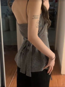 BINKAFENNY | Gray Shiny Backless V-Neck Strap Vest Women Summer Elegant Beautiful Waist-Cinching Sleeveless Mini Top Commute Style Slim Fit