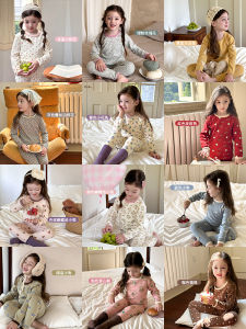 Kids Class A 280G Wool Pull Frame Autumn and Winter Homewear Boys and Girls Boneless Pajamas Suit Baby Long Johns Top & Bottom Set