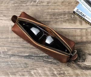 CONTACTS FAMILY Retro Leather Pencil Pouch Big Capacity Business Pencil case For Kids Zipper Pen Bag School Office Stationery Case Glasses bag