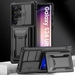 Applicable to Samsung S24ultra Phone Case Card Holder Bracket Mobile Phone Case Military Explosion-Proof Galaxy 24ultra Mobile Phone Case Fancy TPU Soft Edge Push-Pull Protective Lens Protective Case Drop-Resistant Men