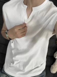 Textured Small V-Neck Mens Fitness Sport Vest Summer Thin Cool Shoulder Loose Sleeveless T-Shirt Trendy Top Breathable Polyester