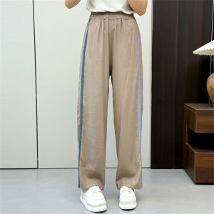 กางเกงขายาวทรงตรงผ้าลินินเอวสูงหลวมๆ สำหรับผู้หญิง ทรงหลวมๆ สไตล์เกาหลี กางเกงขายาวทรงตรงลายทาง ฤดูร้อน 2025