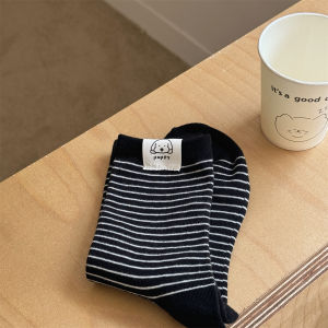 ฤดูใบไม้ร่วง ฤดูหนาว ผู้หญิง ถุงเท้าถึงกลางน่อง ถุงเท้าบล็อกสีแพทช์ป้ายลูกสุนัขลายทางสบาย ผ้าฝ้าย ระบายอากาศได้ดี Moisture Wicking