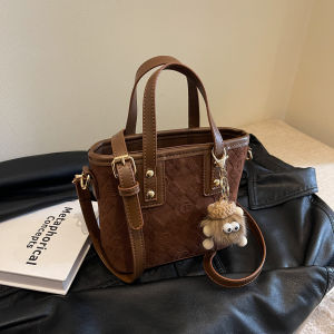 Retro Mini Bucket Bag Fashionable Suede Crossbody Bag Commuter Water Bucket Bag Youth PU Leather Solid Color Zipper Closure