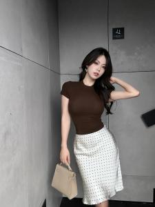 กระโปรงทรงหางปลาสั้นเอวสูงลายจุดสไตล์ฝรั่งเศสย้อนยุค Miu ทรงเข้ารูป กระโปรงทรงเอทรงเอ กระโปรงสั้นทรงเอ