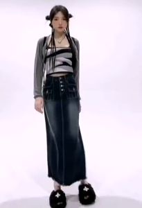 ST356 M-2XL Women Jeans Long Skirts American Style Two Pocket Maxi Skirt Retro Vintage Long Skirts
