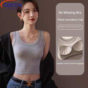 COCOAFashion Summer Modal Cotton Singlet All-in-One Bra Camisole Short Sleeveless Tank Top Womens All-match Sports Vest with Padded