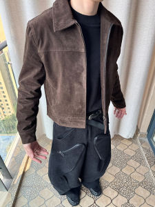 Two Moons Vintage Style Faux Leather Jacket Barn Wind Revived Flannel Collar Shoulder Fit Outerwear for Men And Women