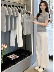 Shalldoer | Summer Stylish Women Set Knit Polo Shirt Jeans