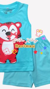 Setelan Kaos Kutung / Singlet Anak Bahan Katun untuk Anak Usia 1-6 Tahun Hewan Harimau Biru Muda