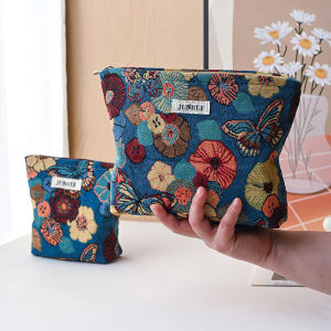 Womens Makeup Bag Blue Bouquet Large Capacity Sanitary Napkin Touch-up Makeup Supplies Canvas Storage Bag Toiletry Bag